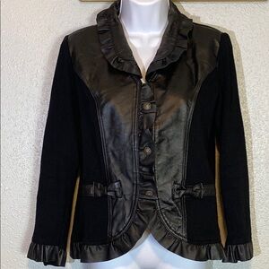 Black Fitted Leather Blazer/Cardigan with Notched Collar and Gathered Waist